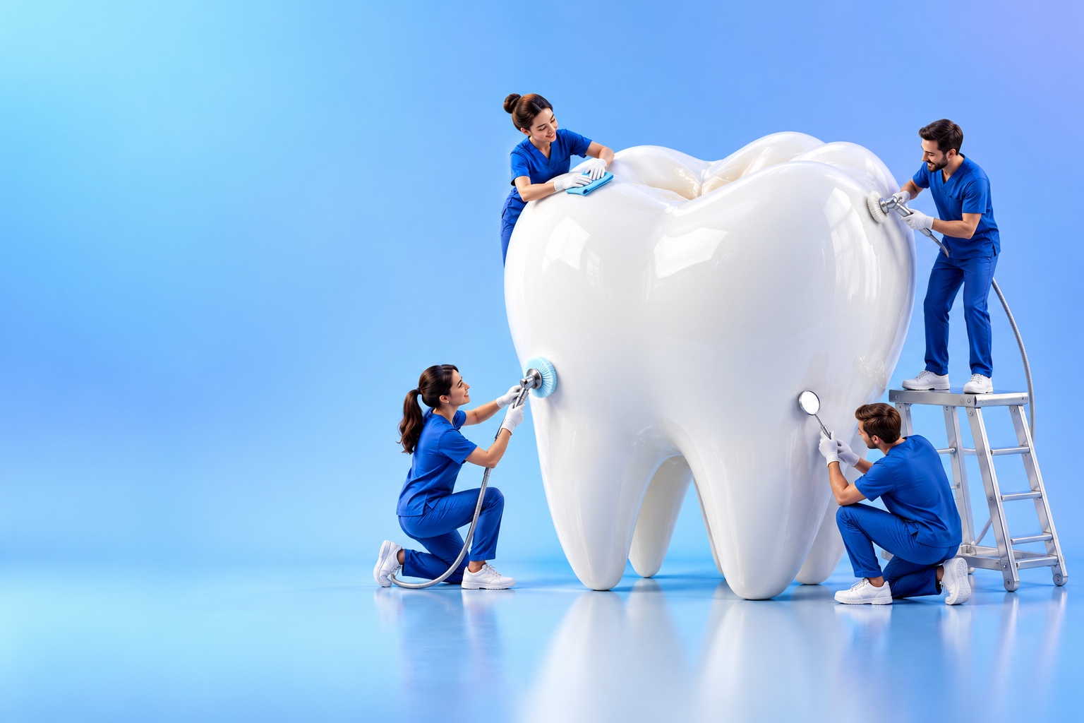 A polished tooth being carefully restored by a miniature dental care team